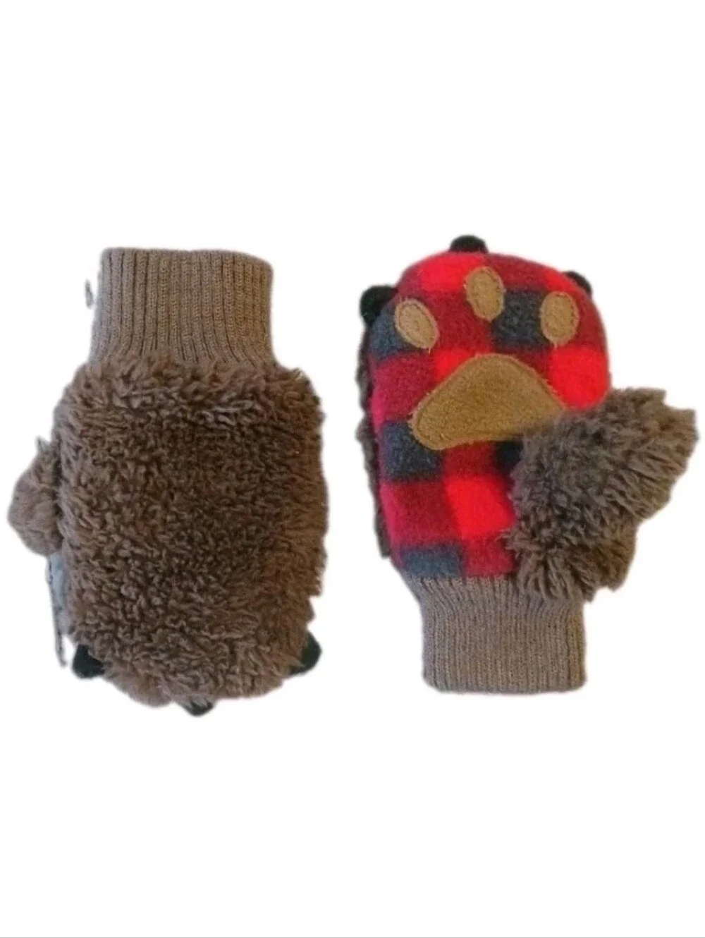 Baby Gap Size XS/S Bear Paw Mittens and Trapper Hat Bundle Red Black Brown Plush